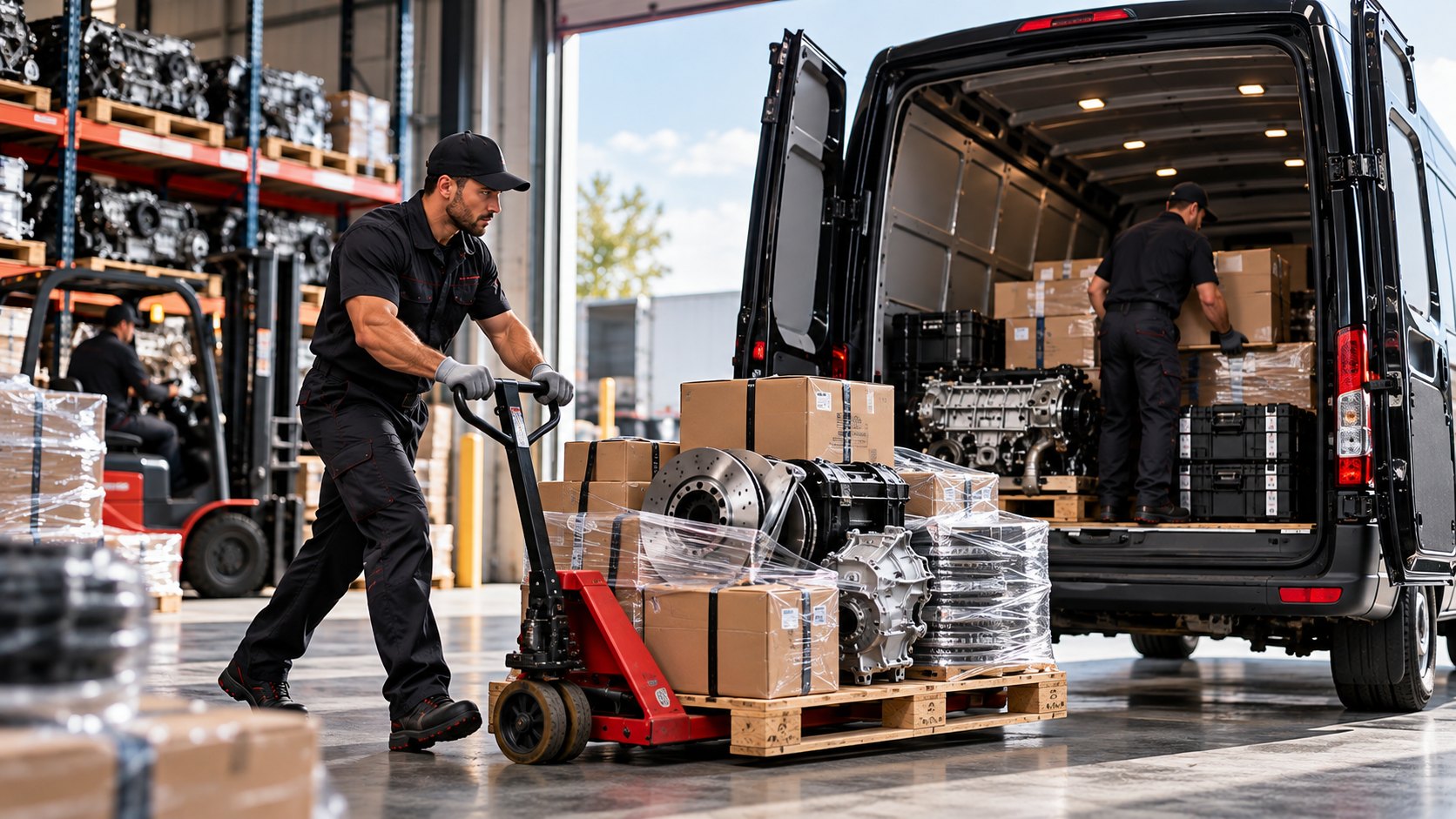 Automotive parts being loaded for expedited cargo van transportation