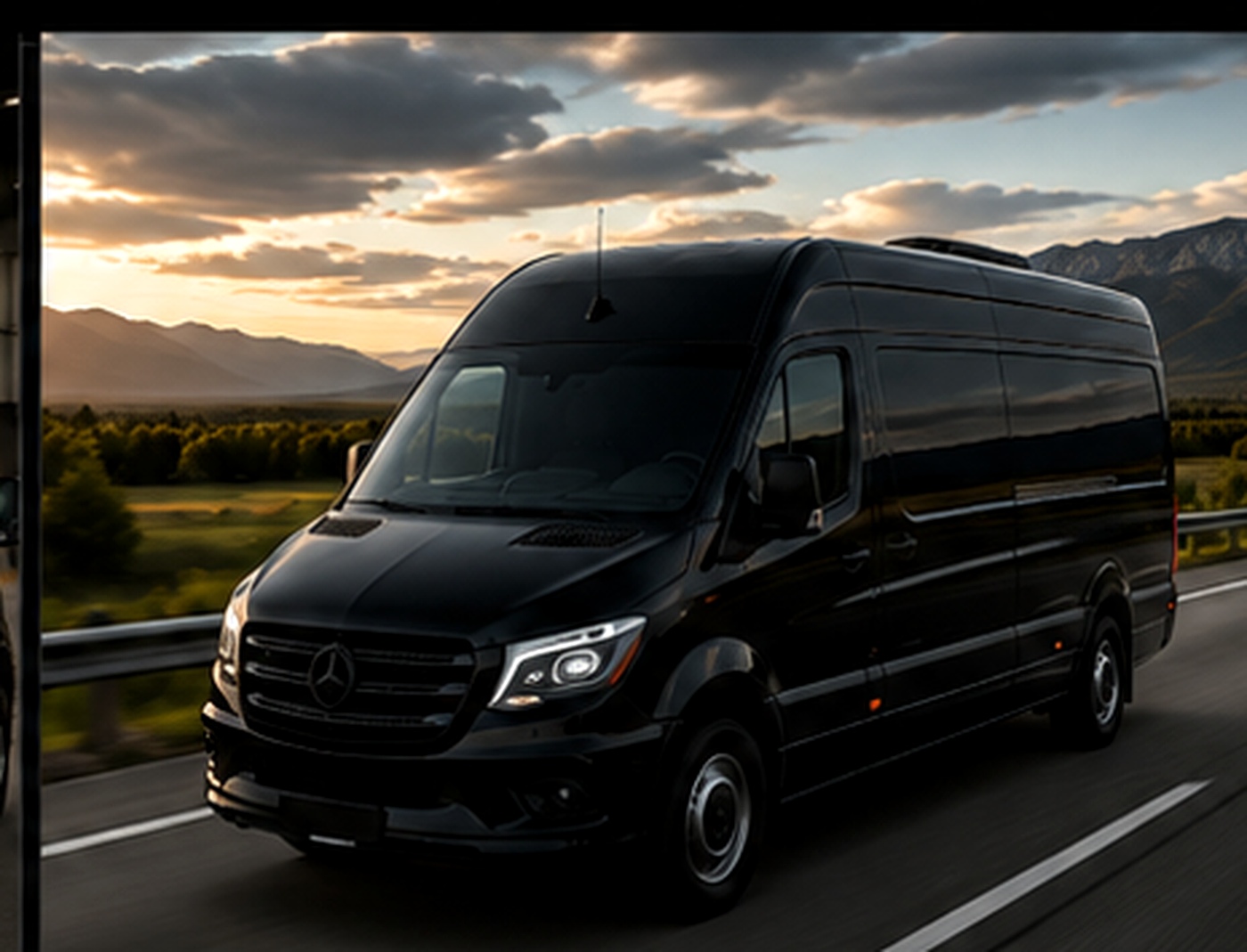 Black high-roof van traveling on an interstate